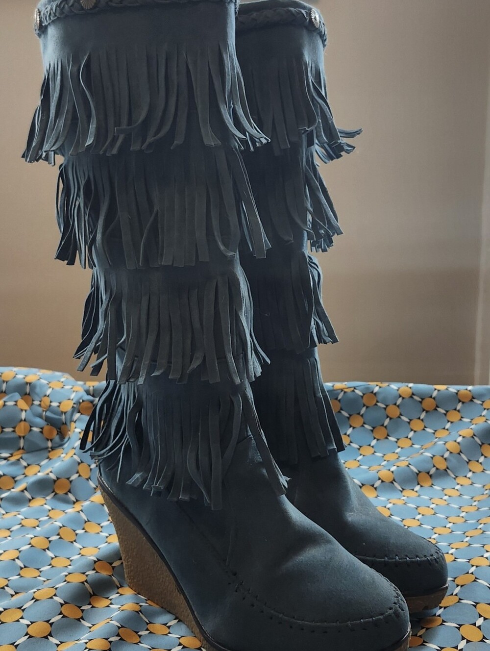 Teal Fringe Faux Suede Wedge Boots